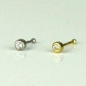 14k Solid Gold CZ Round Bezel Nose Piercing Stud for Women's Men's Body Jewelry
